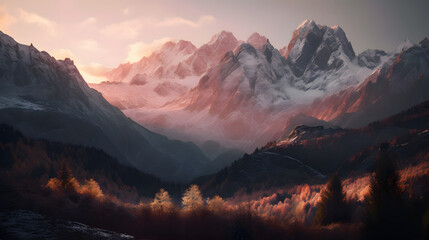 A stunning alpine landscape captured at dawn, with snow-capped peaks piercing the soft pink and orange hues of the early morning sky. AI Generated