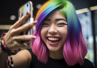 Asian woman taking selfie and smiling with rainbow colored hair. Generative AI.