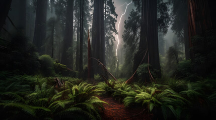 A powerful and breathtaking photo of a majestic redwood forest during a thunderstorm. AI Generated