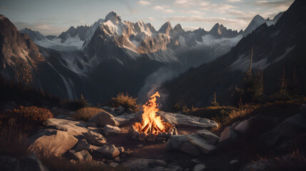 A stunning and atmospheric photograph of a campfire in the midst of a beautiful mountain landscape, capturing the essence of the great outdoors. AI Generated