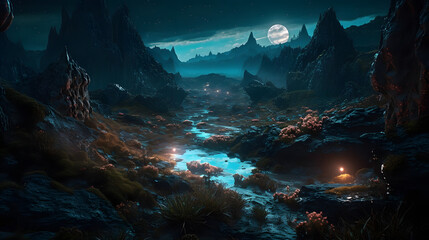 A stunning and highly-detailed photograph of an otherworldly alien landscape, showcasing a rugged, mountainous terrain covered in vibrant, bioluminescent flora. AI Generated