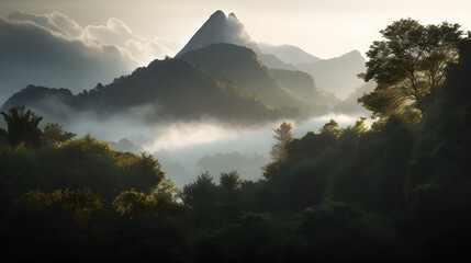 A stunning, high-resolution photograph of a majestic mountain peak shrouded in mist and surrounded by lush green forests. AI Generated