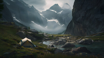 A stunning landscape photograph of a tent nestled in a rocky mountain valley, surrounded by rugged peaks and cascading waterfalls. AI Generated