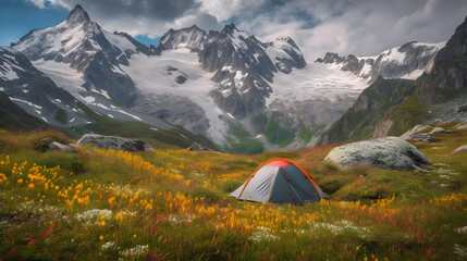 A stunning landscape photograph of a colorful tent pitched in a serene alpine meadow surrounded by snow-capped mountain peaks. AI Generated