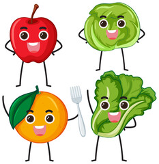 Set of fruit and vegetable cartoon character with smiley face