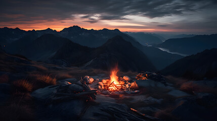 A stunning mountain landscape captured at dusk with a campfire burning brightly in the foreground. AI Generated