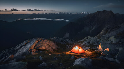 A stunning night-time mountain landscape photograph featuring a brightly lit tent perched on a rocky peak, overlooking a breathtaking valley below. AI Generated