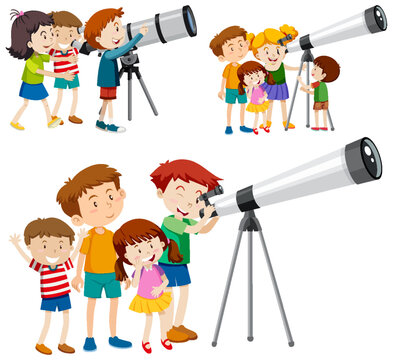 Playful Children Using Telescopes Vector Collection