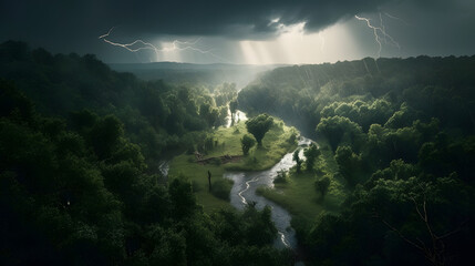 A stunning photo of a lush green forest landscape during a thunderstorm. AI Generated