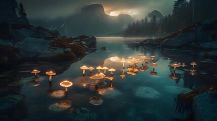 A surreal and ethereal landscape, featuring a shimmering lake surrounded by towering, luminescent mushroom-like structures that seem to glow with a soft, otherworldly light. AI Generated