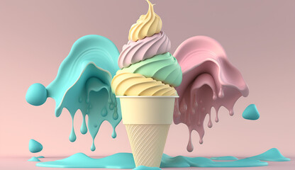 ice cream. 3d render on pastel background Generative AI
