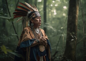 Obraz premium Portrait of elderly shaman from indigenous tribe of Amazon rainforest. Concept of shamanism and Ayahuasca ceremony. Generative AI.