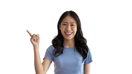 Asian woman pointing finger inviting click here, It is recommended to follow this direction or click on this link, Space for promotion here, Register or apply for membership, Click here.