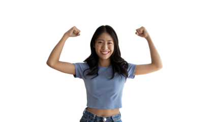 Woman flexing her muscles, Young Asian woman shows off her strength by flexing her jaw and showing off her power, Healthy, Happiness of your choice, PNG file.