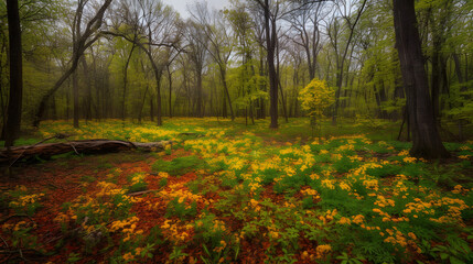 A vibrant spring forest landscape, with lush green trees and colorful wildflowers in bloom. AI Generated