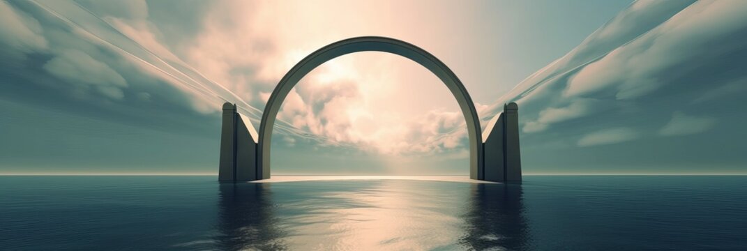 ﻿Silent North sea fantasy scenery with tranquil water, flat geometric mirror arches and simple gradient sky AI generation