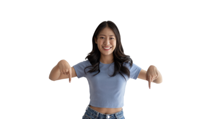 Asian woman pointing finger inviting click here, It is recommended to follow this direction or click on this link, Space for promotion here, Register or apply for membership, Click here.