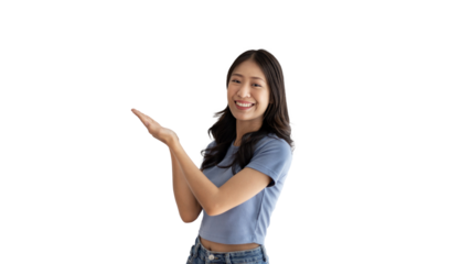 Asian woman with holding copyspace imaginary on the palm to insert an ad, Showing copyspace pointing, Showing her hand to present something on png file.