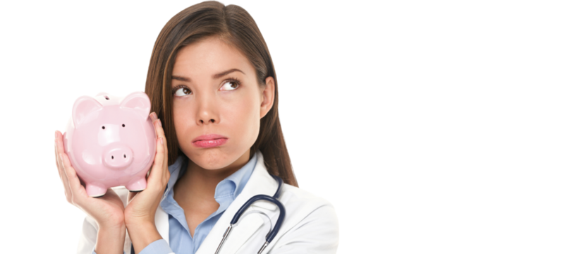 Health care concept. Expensive medical insurance or medical budget cuts. Unhappy doctor woman shaking piggy bank looking sad thinking. Pretty nurse or physician money concept isolated on white.
 - Powered by Adobe
