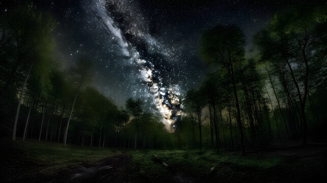 An awe-inspiring view of the Milky Way galaxy over a dense forest. The photograph captures the breathtaking beauty of the night sky. AI Generated