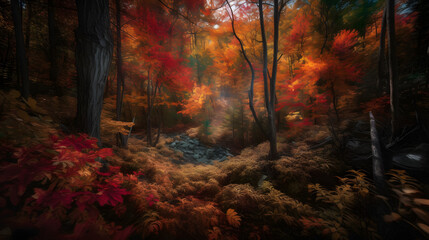 An expansive, rugged forest bursting with color, where every tree and leaf is ablaze with autumn hues of red, orange, and gold. AI Generated