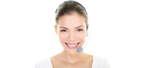 Customer service representative headset woman talking giving online help desk support looking at...