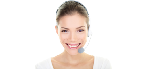 Customer service representative headset woman talking giving online help desk support looking at camera friendly happy and smiling isolated on white background. Asian / Caucasian female girl 20s.
