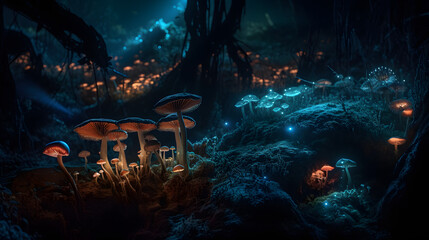 An otherworldly landscape featuring towering, bioluminescent mushrooms that emit an eerie glow, creating an otherworldly atmosphere. AI Generated