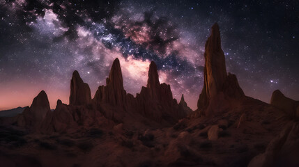 An otherworldly landscape of towering. The sky is a deep shade of purple, with stars shining brilliantly overhead. AI Generated