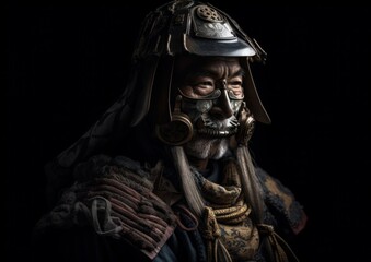 Naklejka premium Close up portrait of Samurai with armor and helmet. Generative AI.