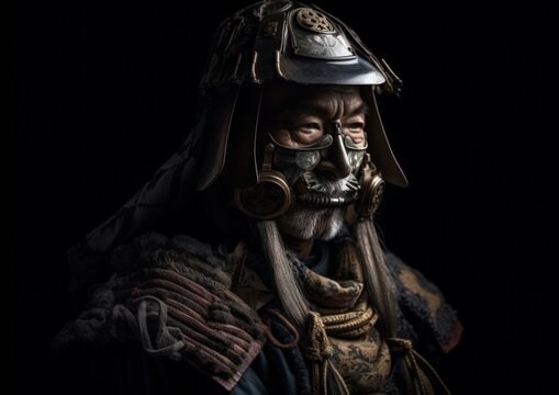 Close up portrait of Samurai with armor and helmet. Generative AI.
