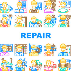 repair worker equipment job icons set vector