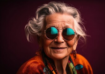 Portrait of a joyful elderly woman with colorful sunglasses. Generative AI.