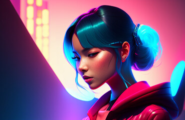 Illustration of a woman with flowing hair illuminated by neon lights created with Generative AI technology