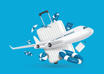 Luggage ,inflatable ball ,lifebuoy, passport book ,umbrella ,goggles They were all floating in air and there is plane take off in front