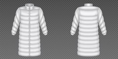 Realistic set of white puffer coat mockups with long sleeve isolated on transparent background. Vector illustration of warm zipped outwear front and back view. Winter or demi season clothes fashion © klyaksun