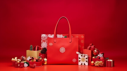christmas shopping bag with gifts red background Generative by AI