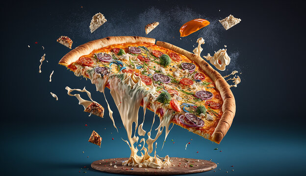 piece of pizza floating in the air cinematic photography Generative AI