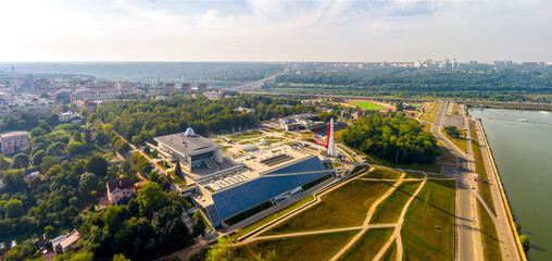 Kaluga, Russia - August 30, 2022: State Museum of the History of Cosmonautics named after K.E. Tsiolkovsky. Space rocket. Aerial view