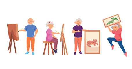 Old people drawing and painting with happy feeling,in cartoon character,