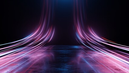 3D Rendering of abstract curve neon light with reflection from puddles on grunge surface floor. For product, business technology, car background