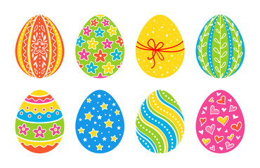 Cute hand drawn Easter eggs set with different patterns. Collection of colorfull eggs isolated on white background. Easter symbol. Vector flat illustration. Design elements for spring holiday cards. 
