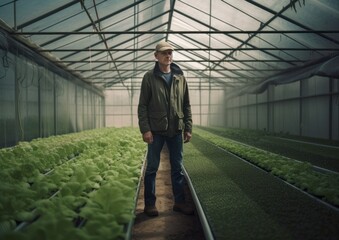 Portrait of a farmer in a greenhouse. Concept of regenerative farming. Generative AI.