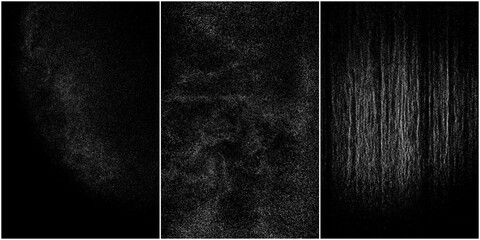 Fototapeta na wymiar Set of distressed white grainy texture. Dust overlay textured. Grain noise particles. Snow effects pack. Rusted black background. Vector illustration, EPS 10. 