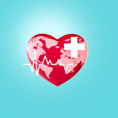World Health Day. Red colour world heart shape on blue background