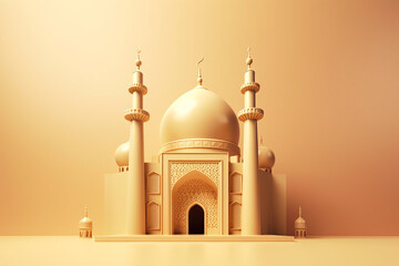 Islamic Mosque With Light Golden Color Plan Background, Ramdan Kareem, Isolated Background, Generative AI