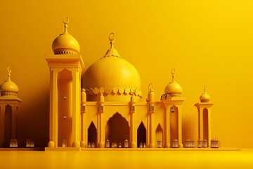 Islamic Mosque With Yellow Color Plan Background, Ramdan Kareem, Isolated Background, Generative AI