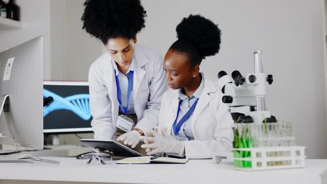 Scientist microscope, teamwork and women with tablet for plant research or information. Science, technology and female medical doctors with lab assistant talking, discuss and planning gmo experiment.