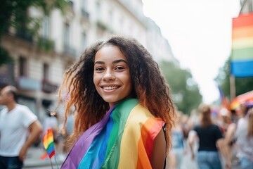 beautiful young black woman smiling queer LGBTQIA+ LGBT people walking in the street during the gaypride pride, they look fierce, enhanced and reworked ai generated scene with not real models