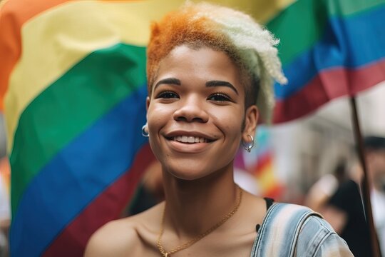 beautiful young black woman smiling queer LGBTQIA+ LGBT people walking in the street during the gaypride pride, they look fierce, enhanced and reworked ai generated scene with not real models